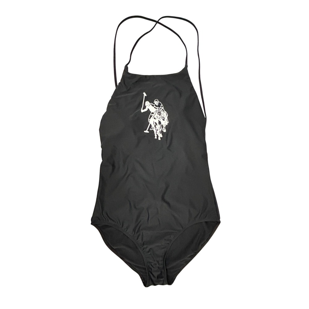 U.S. Polo Assn Black Halter One Piece Swimsuit L Open Back Logo Sporty Preppy
